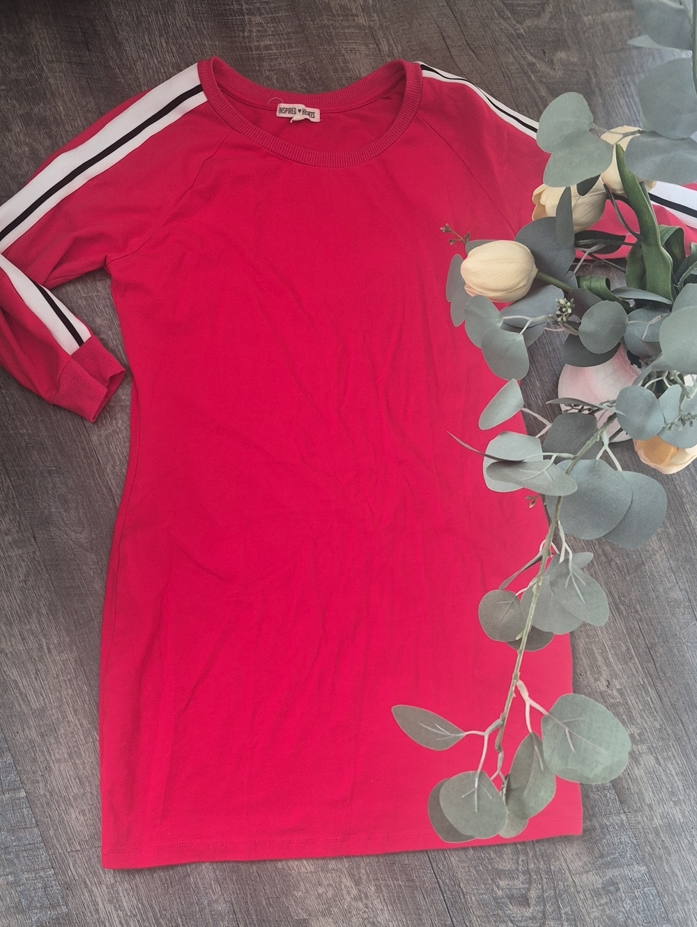 Inspired Hearts Red Long-Sleeve Tee Dress with White & Black Stripe Sleeves Larg